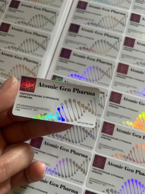 Etiquetas de frascos de vidro resistentes e duráveis para Laboratórios Testo E Nano com efeito laser brilhante e design personalizado