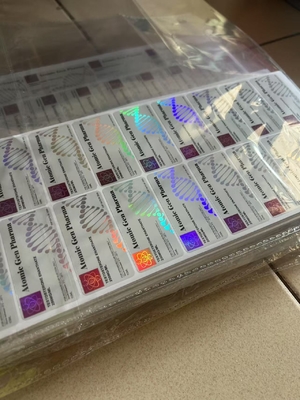 Etiquetas de frascos de vidro resistentes e duráveis para Laboratórios Testo E Nano com efeito laser brilhante e design personalizado