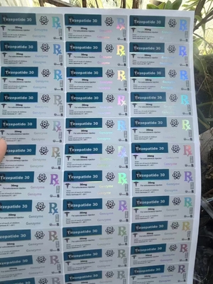 Rótulos de frascos de vidro de peptídeo de 40mg de Tirzepatida com design personalizado