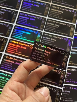 Rótulos de frasco de plástico personalizados Clomid 50mg, rótulos de frasco com impressão a laser de palavras em fundo preto