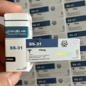 Etiquetas e caixas do frasco do peptídeo SS-31 10mg que guardam um frasco